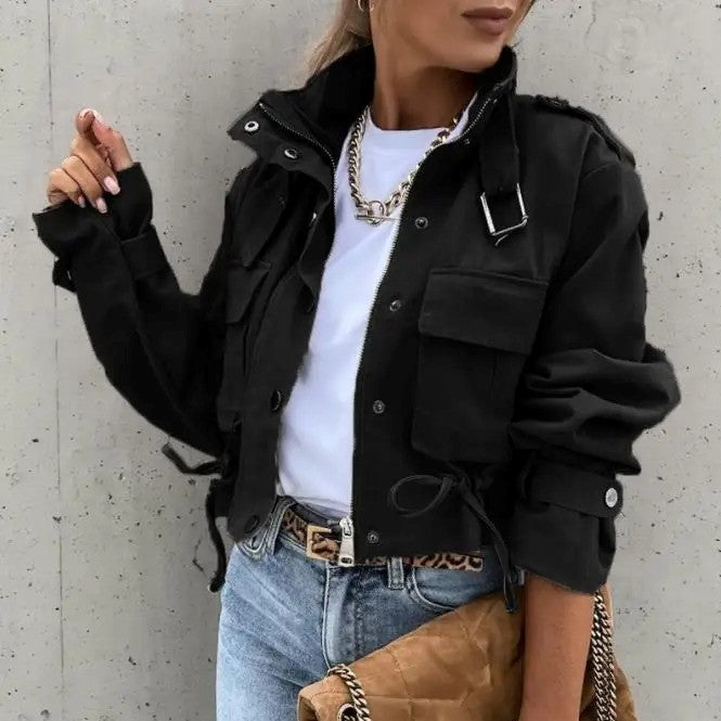 Pocket Button Biker Jacket .