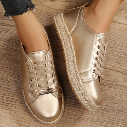 Golden Round Toe Platform Sneakers .