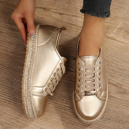 Golden Round Toe Platform Sneakers .