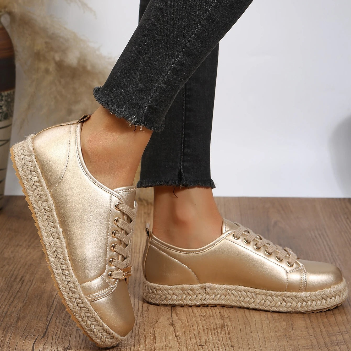 Golden Round Toe Platform Sneakers .