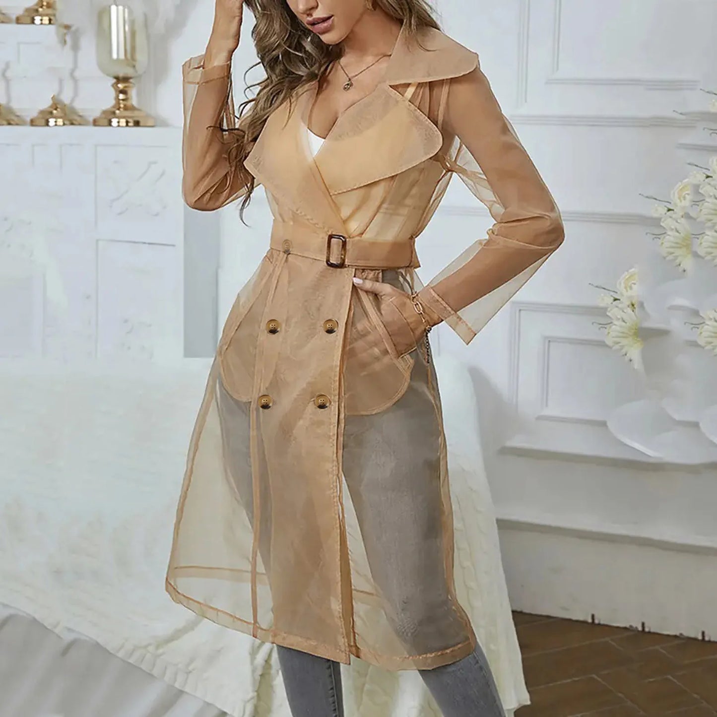 Womens Mesh Transparent Overcoat .