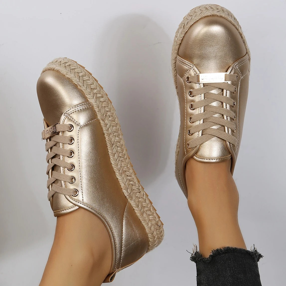 Golden Round Toe Platform Sneakers .