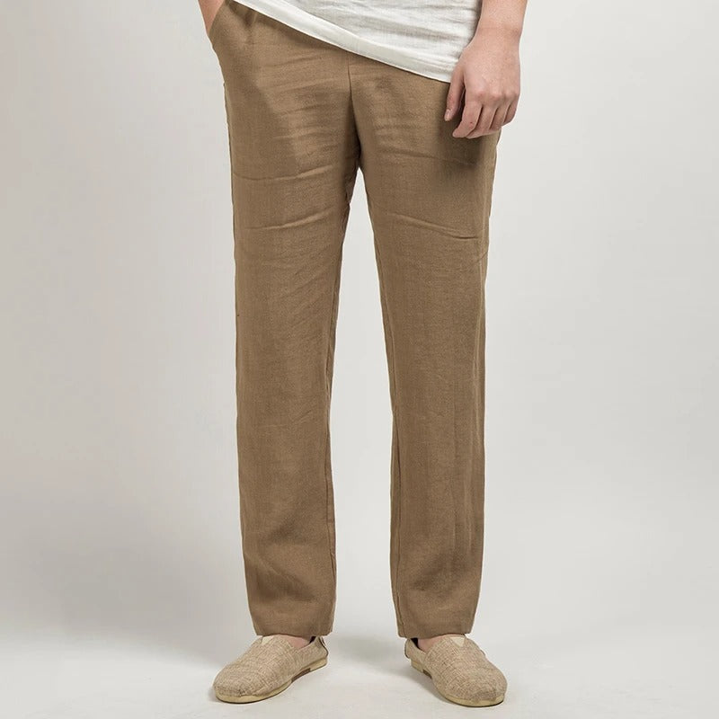 Calça masculina de algodão e linho