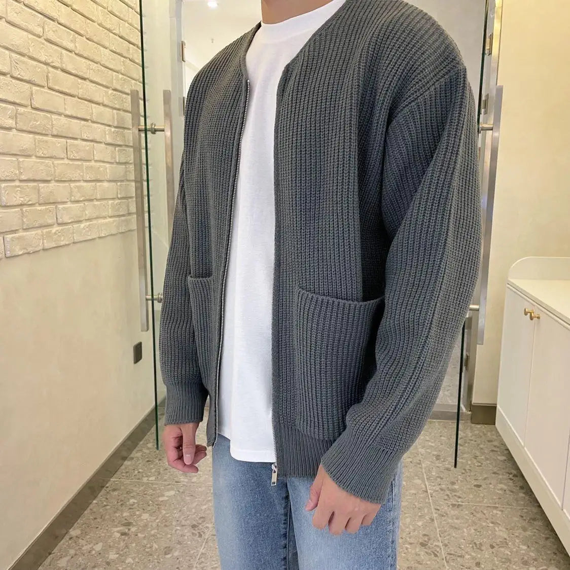 Cardigan de bolso com zíper masculino