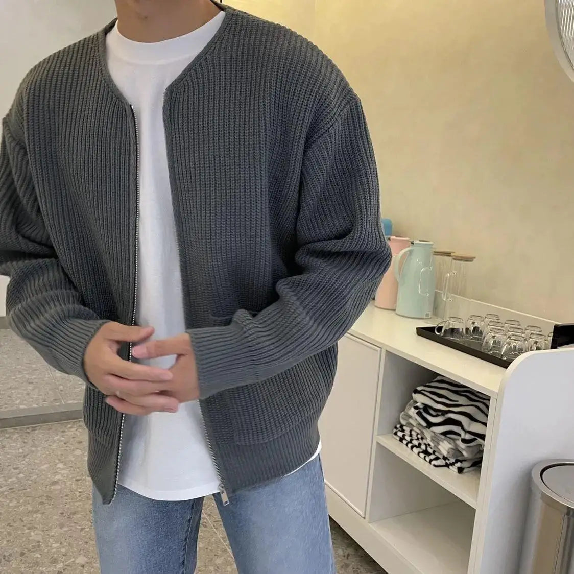 Cardigan de bolso com zíper masculino