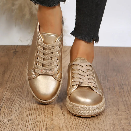 Golden Round Toe Platform Sneakers .