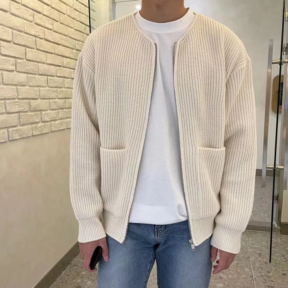 Cardigan de bolso com zíper masculino