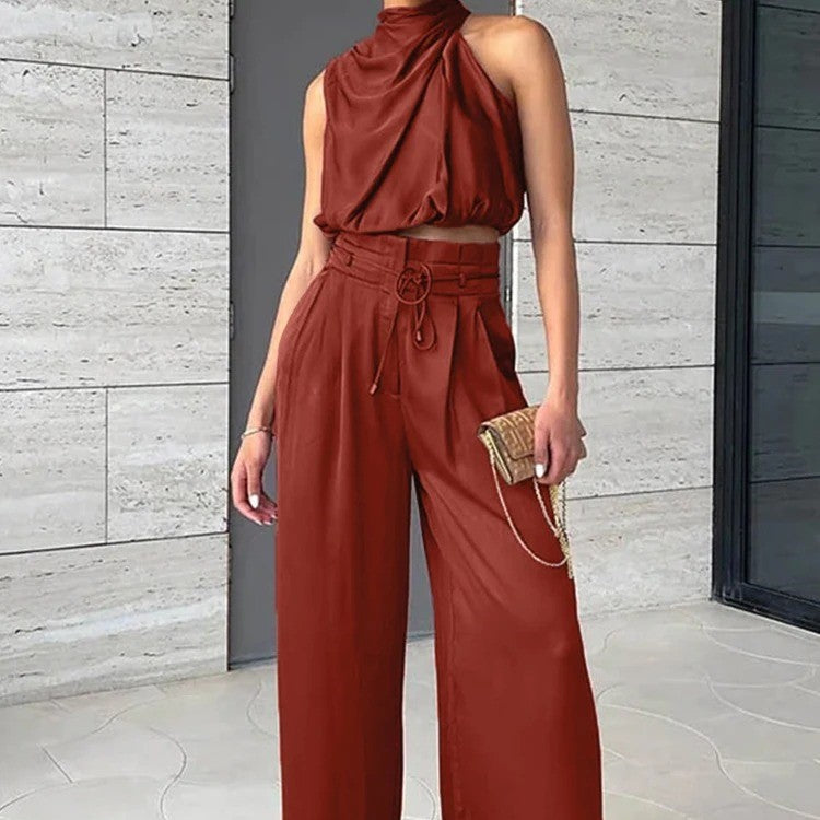 Silk Sleeveless Top Wide Leg Pants Set .